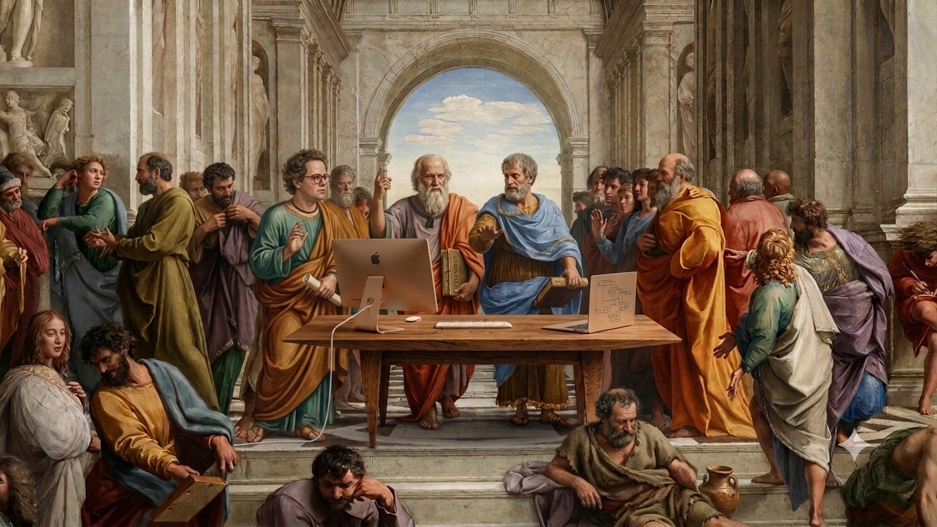 Releitura contemporânea da Escola de Atenas, com filósofos reunidos em torno de computadores.
